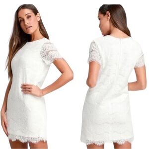 LULU'S Take Me To Brunch White Lace Scalloped Short Sleeve Mini Shift Dress L